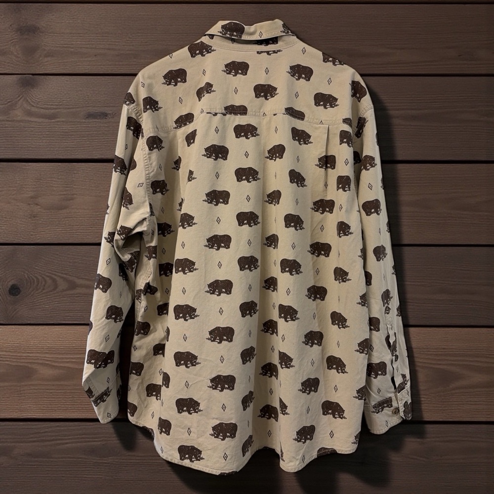 WOOLRICH KHAKI BEAR PRINT MEN’S COTTON BUTTON-DOWN SHIRT SIZE LARGE - Picture 2 of 11